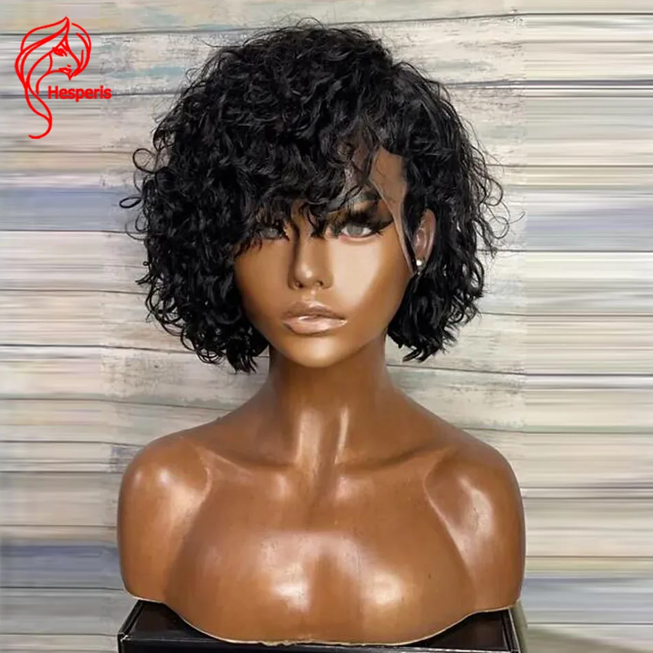 Hesperis Curly Bob Lace Front Wigs Side Part Transparent Lace Front Human Hair Wigs Curly Pixie Wigs Water Wave  For Women