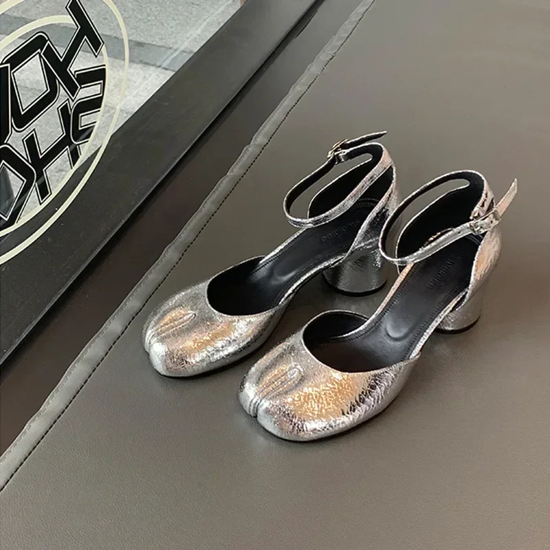 Women Split Toe Woman 5cm Heels Mary Janes Round High Heel Shoes Buckle Strap Shallow Sandals Shoes
