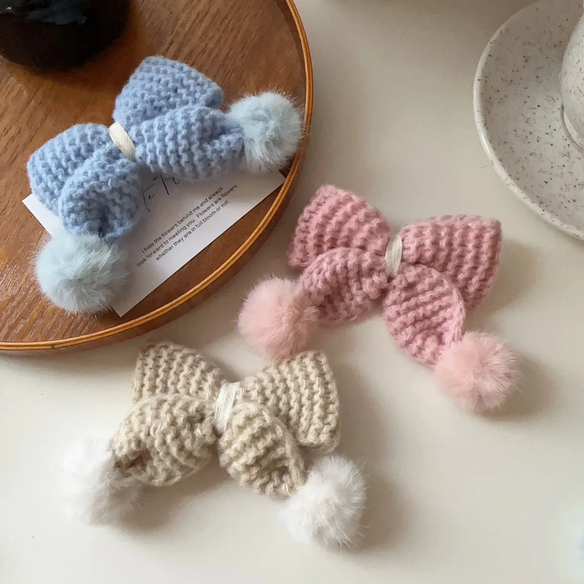 Premium Knit Bow Hair Clip with Fluffy Ball for Side Fringe Autumn Winter Sweet Girl Non Slip Strong Grip Soft Warm Lightweight