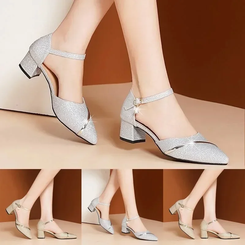 2024 New Women Low Heels Shoes Women\'s Sandals Glitter Silver Pointed Toe Buckle Party  For Sandalias