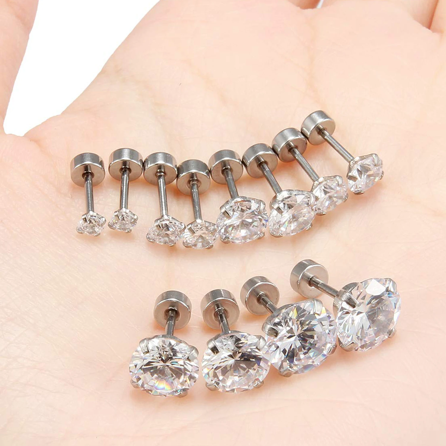 1 Pair Stainless Steel Tragus Stud Earrings for Women Men Round Cubic Zirconia Flat Back Screw Back Ear Piercing 2-8MM Jewelry