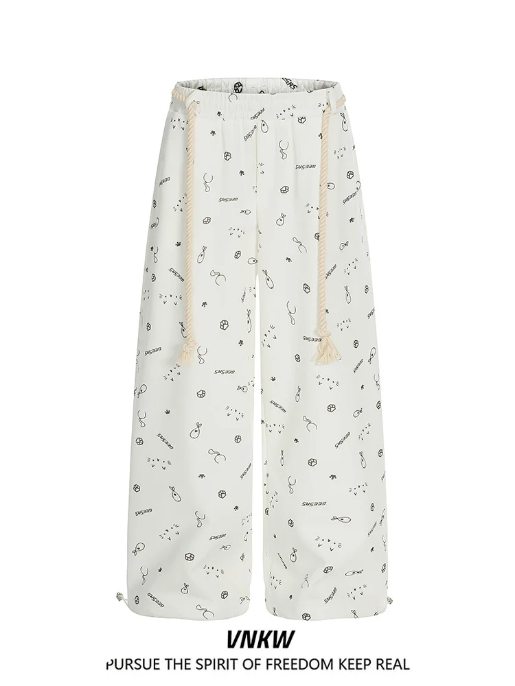 

American Retro Cartoon Print Straight Leg Casual Pants Unisex Drawstring Elastic Waist Loose Fit Wide Leg Sweatpants