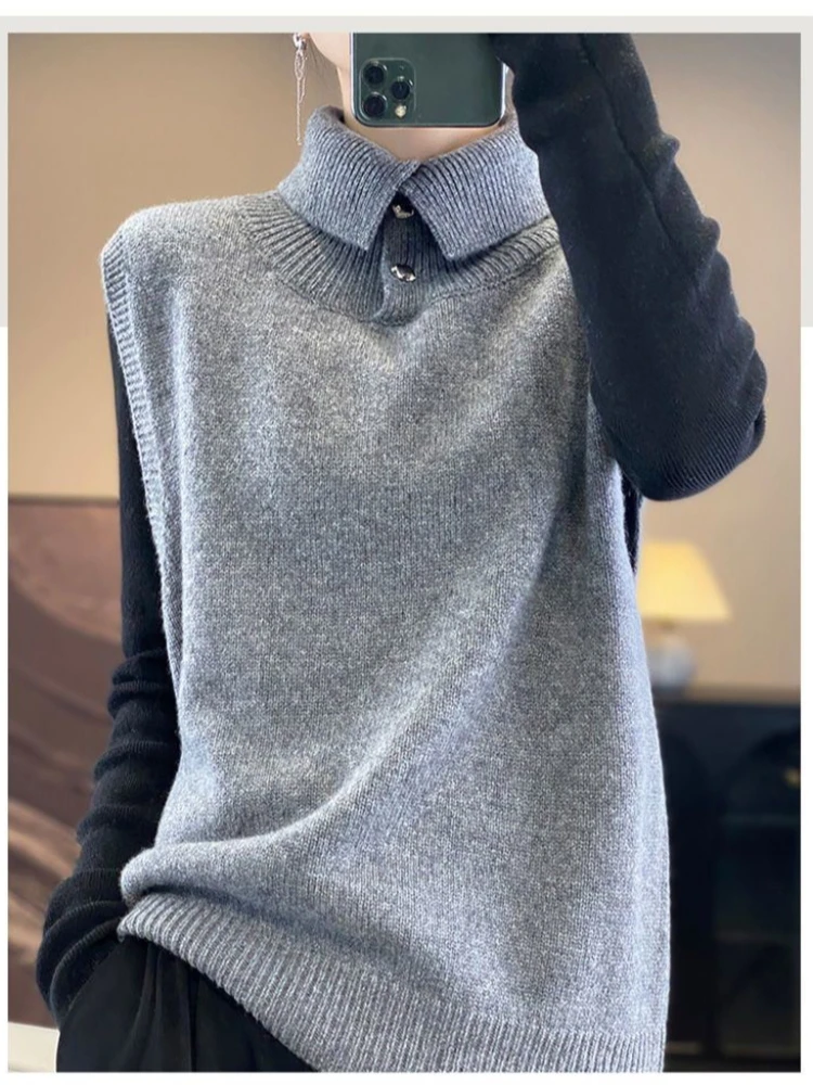 

American spicy girl high neck vest autumn/winter pullover solid color fashionable loose fitting sleeveless sweater knitted vest