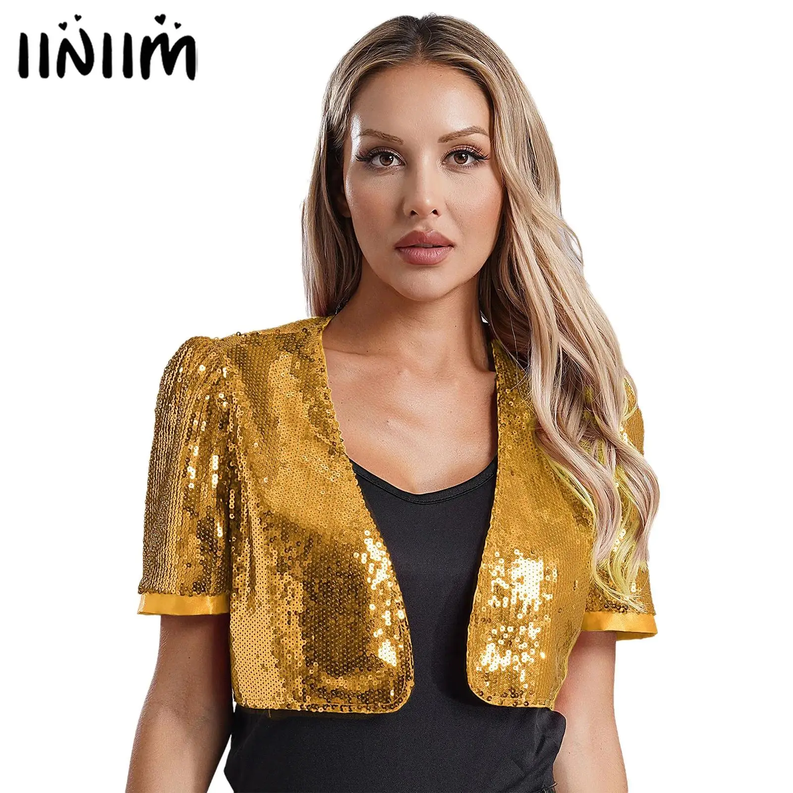 Damski kardigan z otwartym przodem Topy do tańca jazzowego Cropped Top Clubwear Sparkly Open Front Crop Blazer Shrug Bolero Glitter Sequin Jacket