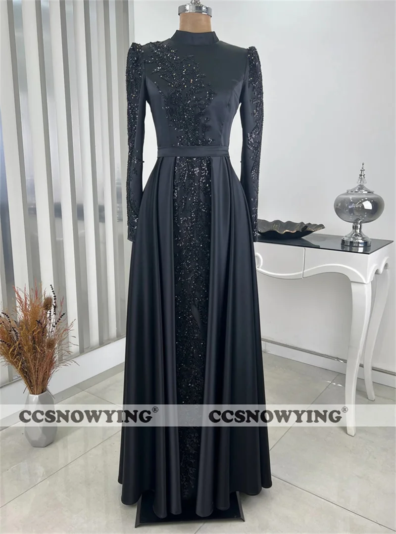 Satin Appliques Beaded Hijab Muslim Evening Dresses Long Sleeve Islamic Formal Party Gown Arabic Dubai Women Moroccan Caftan