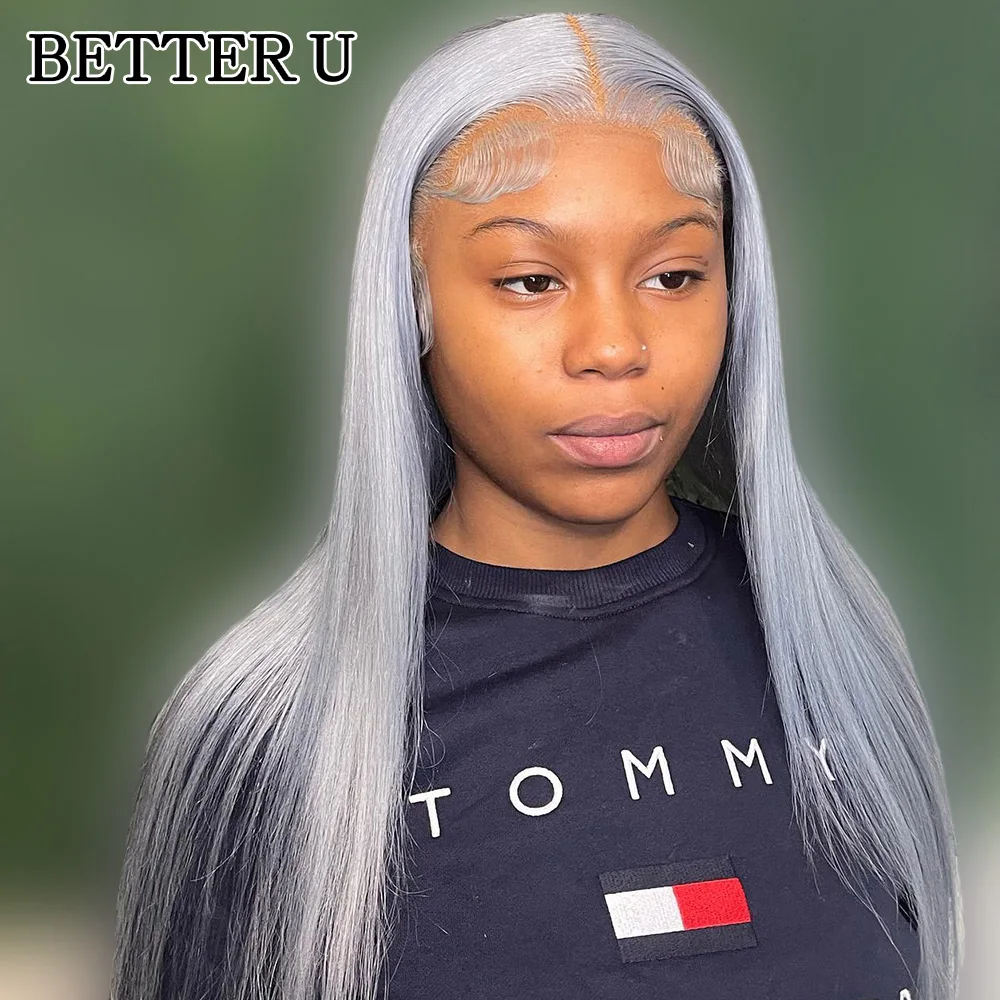 Grey Human Hair straight 13X6 Lace Front Pre-Stretched Wig Transparent Lace Front Wig 13x4 High Gloss Wig 250 Density