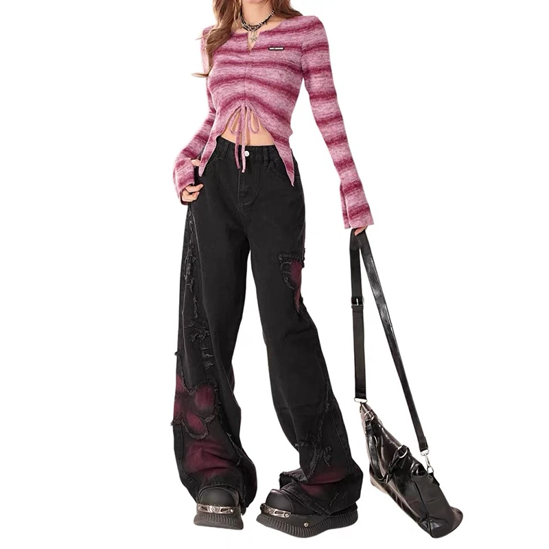 ZHIZOU Jeans larghi a farfalla da donna Pantaloni estetici vintage anni '90 Pantaloni in denim oversize Harajuku Y2k anni 2000 Abiti gotici neri