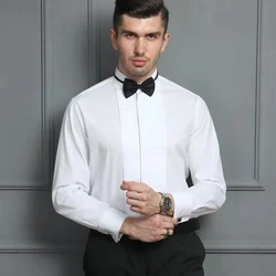 Camisa masculina clássica francesa de punhos, manga comprida, coberta, formal, de negócios, design padrão, casamento, branca, sólida