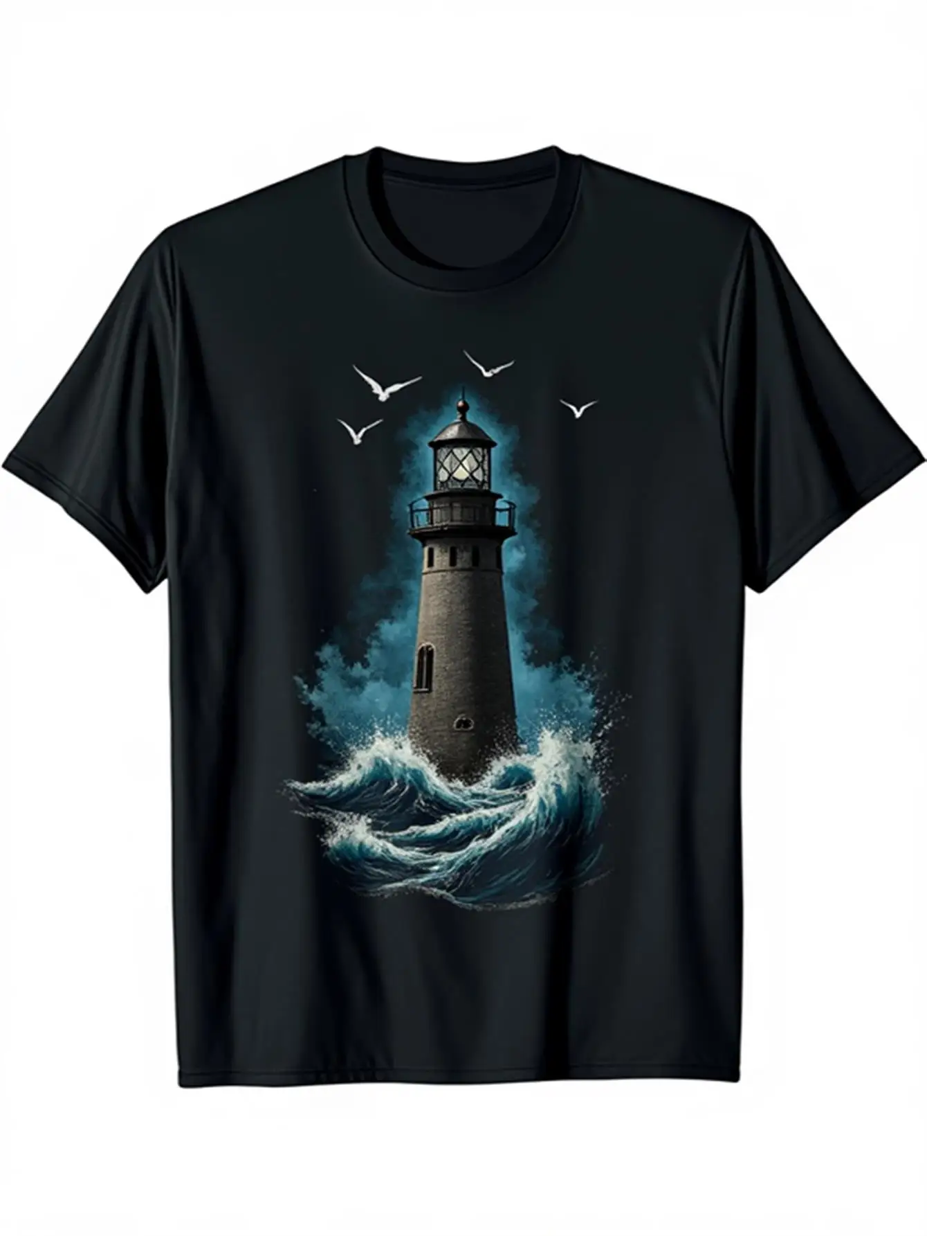 Men's Black T-Shirt with a Lighthouse and Waves Design, Breathable Cotton Shirt Suitable for Beach and Maritime Activities, Casual Wear, Ideal Gift for Maritime Enthusiasts, Beach Clothing, Maritime Theme, Durable
