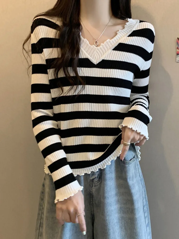 Women Striped Knitted Sweater Spring Autumn Fungus Edge V-neck Long Sleeved Top Korean Large Size Loose Versatile Basic Shirt