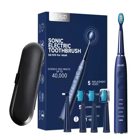 Seago Electric Sonic Toothbrush USB Rechargeable Adult 360 Days Long Battery Life IPX7 4 Replacement Heads Travel Box  SG-575