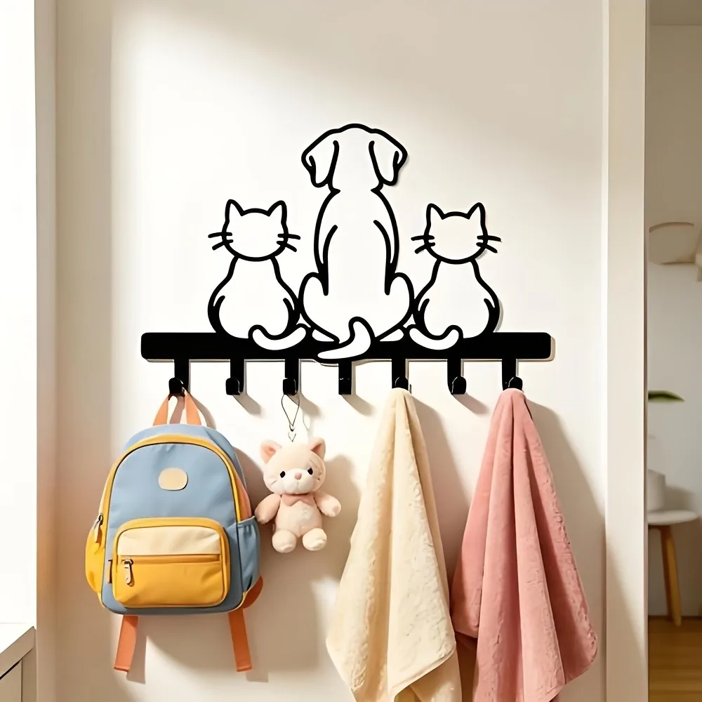 CIFBUY Cute Puppy Cat Metal Wall Art Iron Hooks Mural Plaque For Multi Rack Pet Home Organizer Daily Storage Easy Install