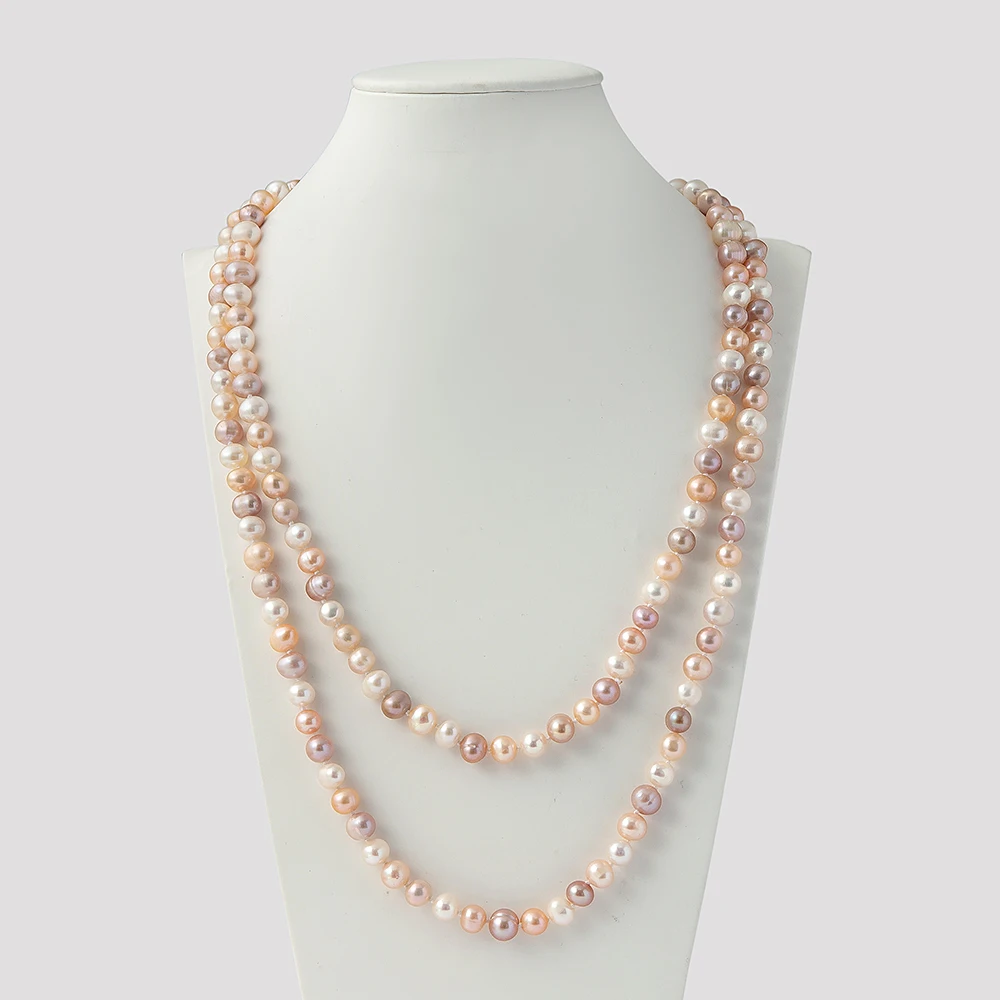 

7-8mm Pearl Necklace Sweater Chain Muti Color Rice Shape Genuine Natural Pearls Beaded for Women Fine Jewelry Birthday Gift