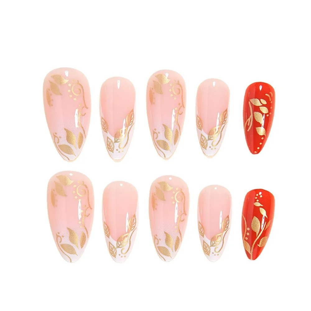

24PCS Golden Maple Leaf Almond False Nails European American Sweet Cool Style Press on Nails Fake Nails Autumn Uñas Acrilicas