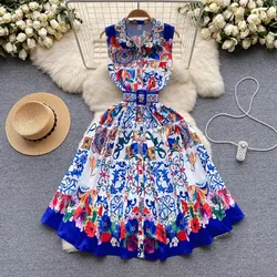 Runway Summer Holiday Flower Print Tank Dress Shirt Women's Single Breasted Belt Red Blue White Porcelain Midi Party Dresses