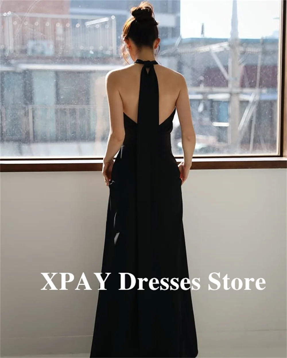 XPAY فساتين زفاف بسيطة سوداء بطول الأرض لالتقاط الصور بدون حمالات رسن على شكل حرف a للحفلات المسائية فساتين حفلات مخصصة 2025