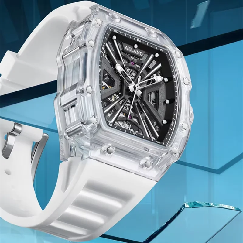 Designer Fashion Cool Sport AILANG Barrel Plastic Case Transparent Mechanical Watch 3ATM Waterproof Automatic OEM Wristwatch