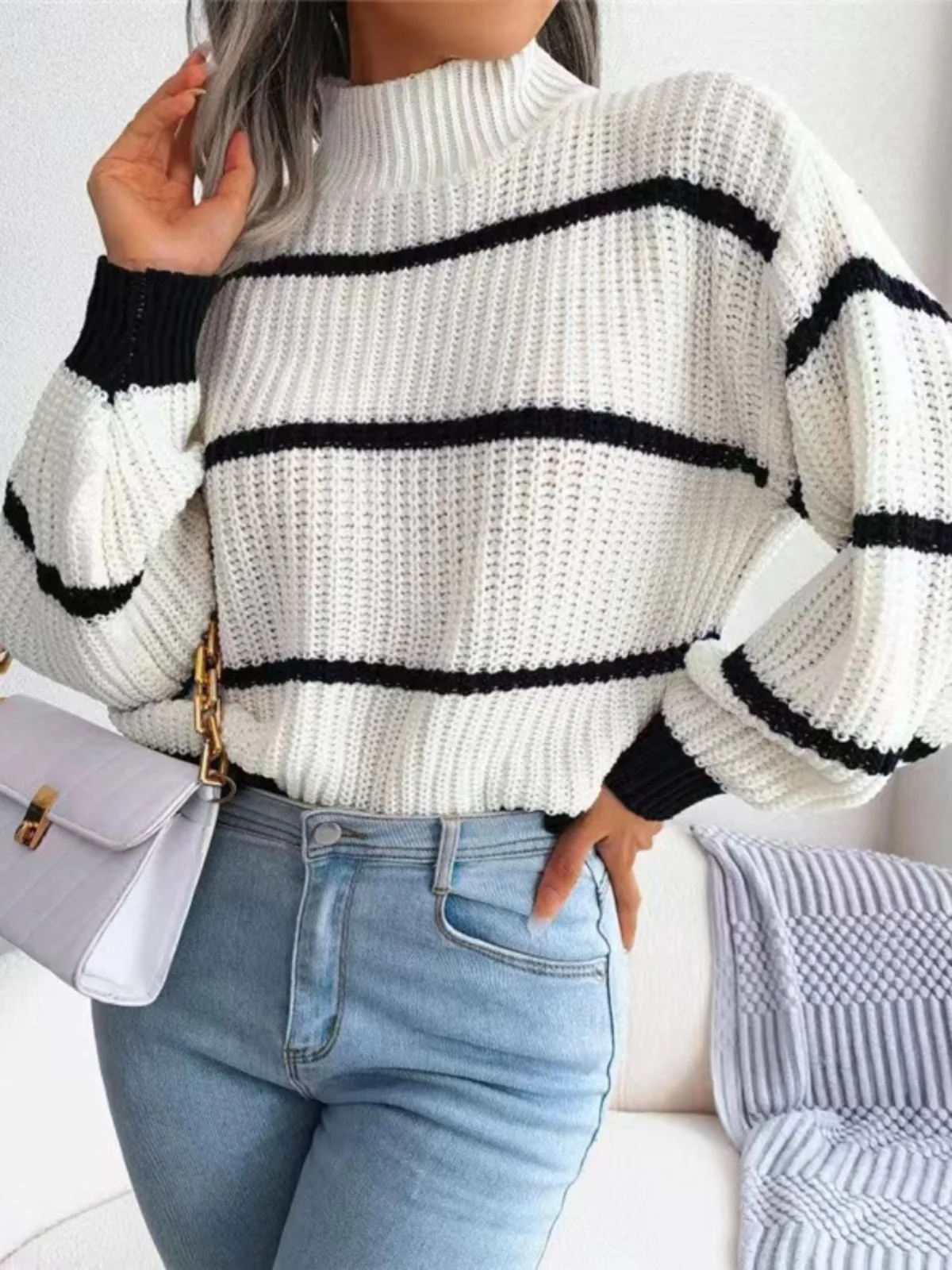 Maglione lavorato a maglia lungo a righe larghe a collo alto casual da donna Autunno Inverno Street Sle Maglieria comoda per tutti gli abbinamenti