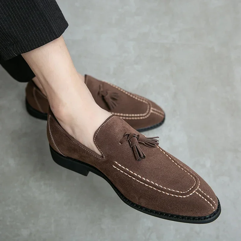 Men's Loafers Brand Suede Leather Shoes Vintage Slip-on Classic Casual Men Driving Shoes Wedding Male Dress Shoes Tassel Pointed image 4