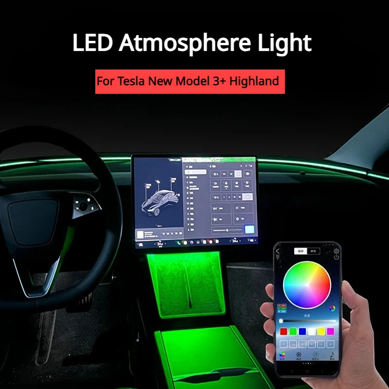 For Tesla New Model 3+ Highland 2024 USB Acrylic LED Light Wireless Charging Atmosphere Light Center Console Lamps Accessories