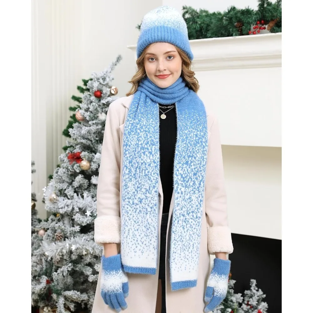 المرأة الشتاء قبعات صغيرة متماسكة وقفازات لمس وشاح طويل مجموعة مع الدافئة صوف مبطن قبعات الجمجمة الأوشحة للنساء