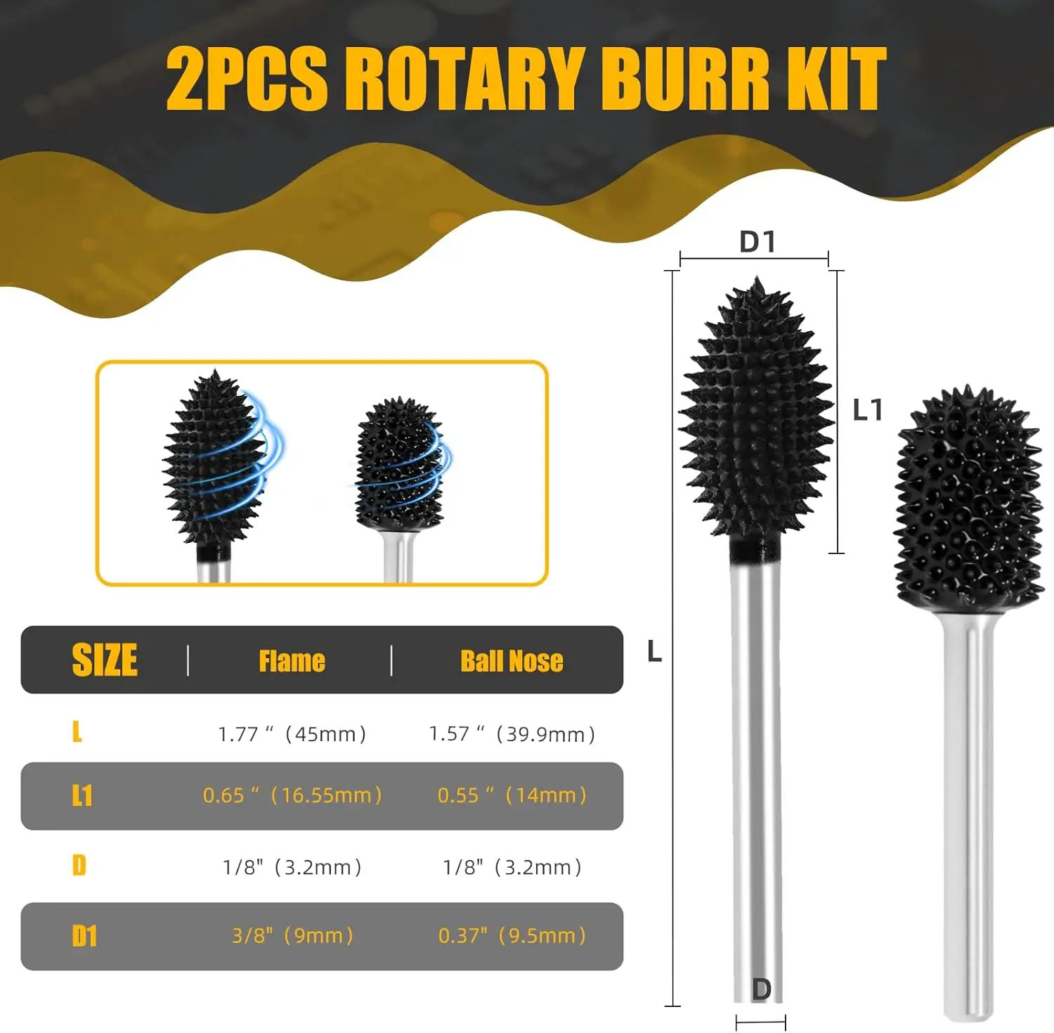 Caelum 2pcs carbide Rotary Burr Kit  Wood Rubber Plastic Carving Burr Set 1/8