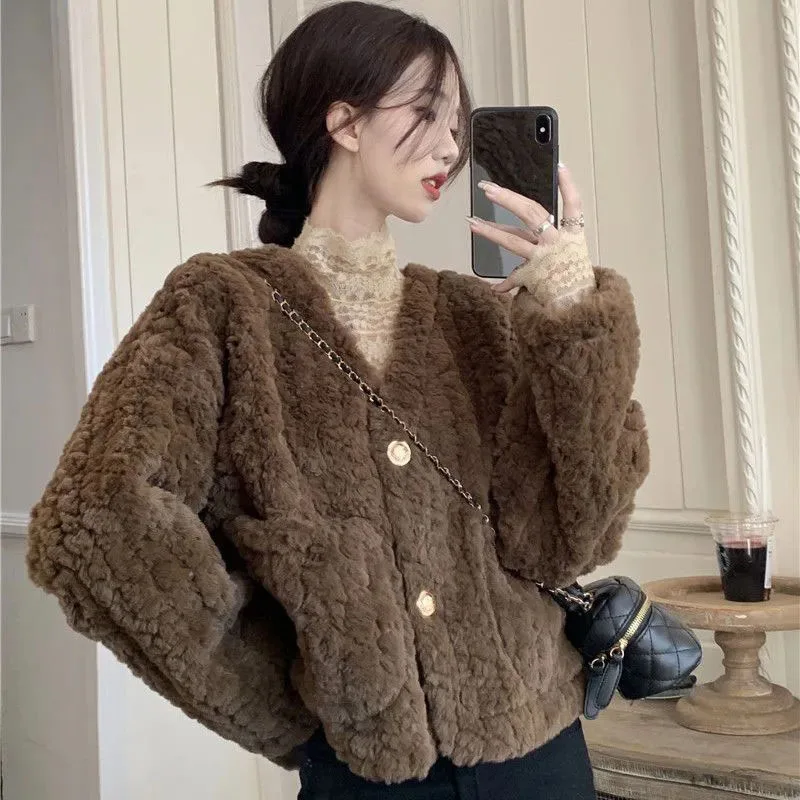 Zoki Women Lamb Wool Jackets Autumn Winter Thick Warm Faux Fur Button Outerwear Korean Loose Elegant V Neck Furry Short Coat