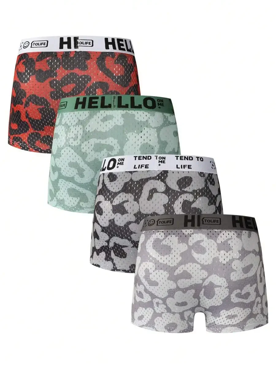 

4pcs Mens Casual Leopard Print Boxer Briefs With Letter Graphic Waistband