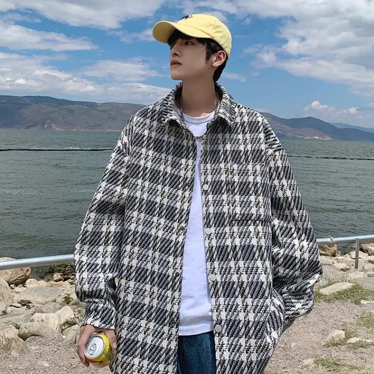 

Casual Plaid irt Jaet for Teenage Boys Spring Autumn Loose Fit Classic Sle Polyester Fabric Button Closure Long Sve