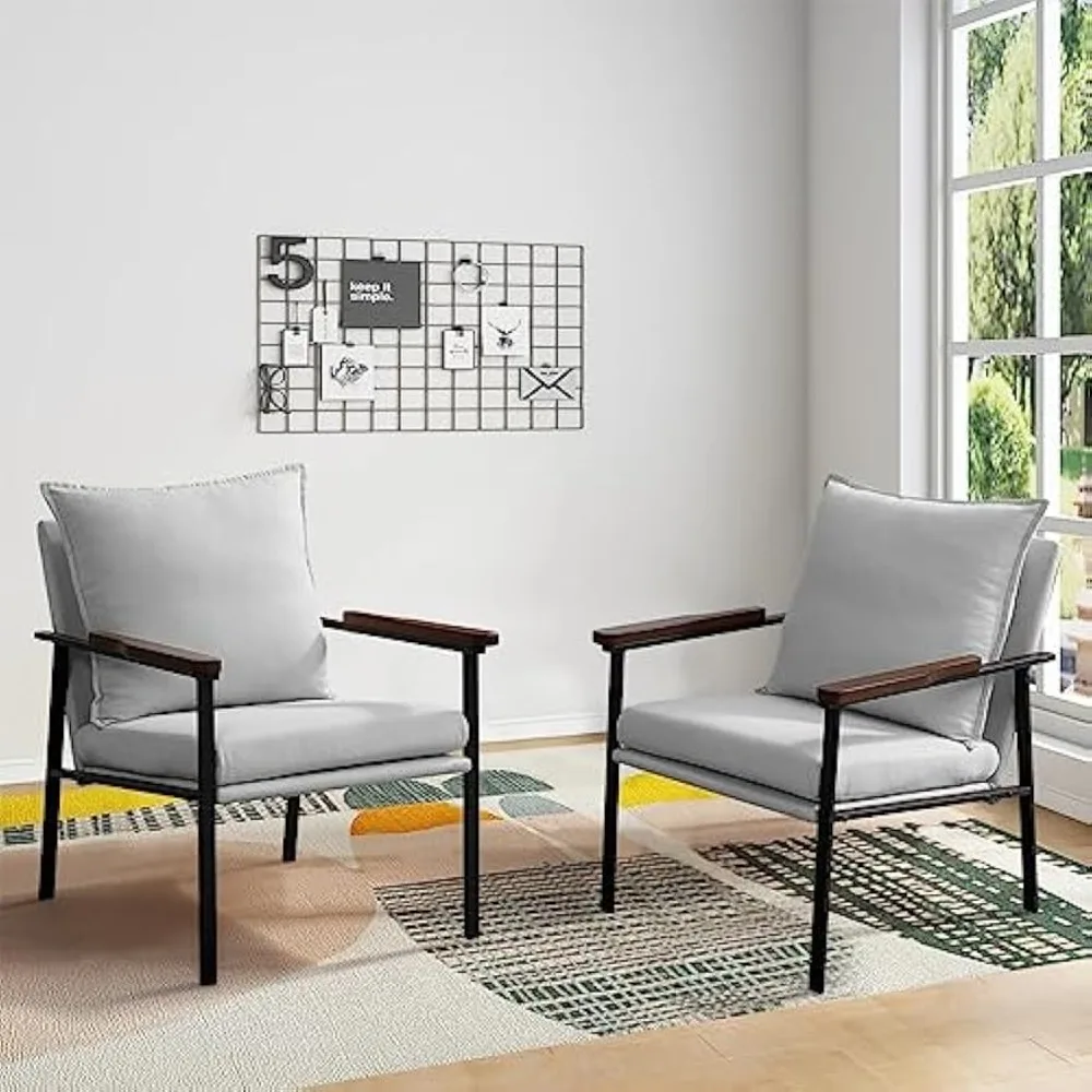 Mid-Century Modern Armchair with Wide Solid Wood armrests,Metal Frame and Foam Upholstery