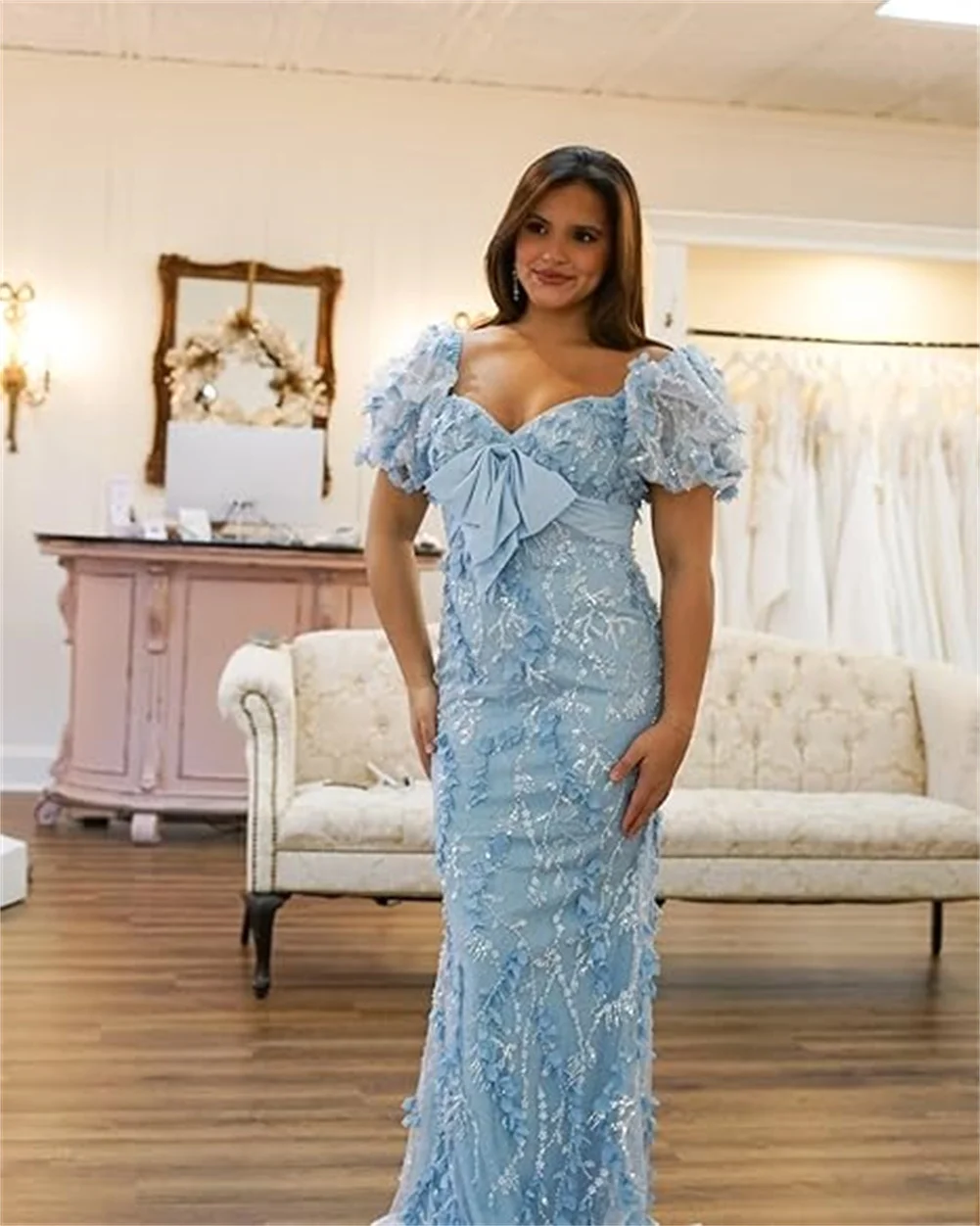 

Тюлевое платье для выпускного вечера с пышными рукавами по индивидуальному заказу и бантом для женщин, длинные вечерние платья подружки невесты с 3D цветочным принтом и сердечком