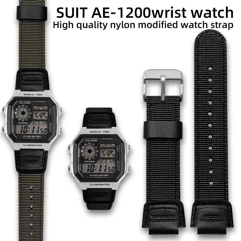 

AE1200 nylon strap 18mm For Casio 3299 AE-1200 AE1300/1100 A158/159 F-108 W-216H student electronic watch army green and black