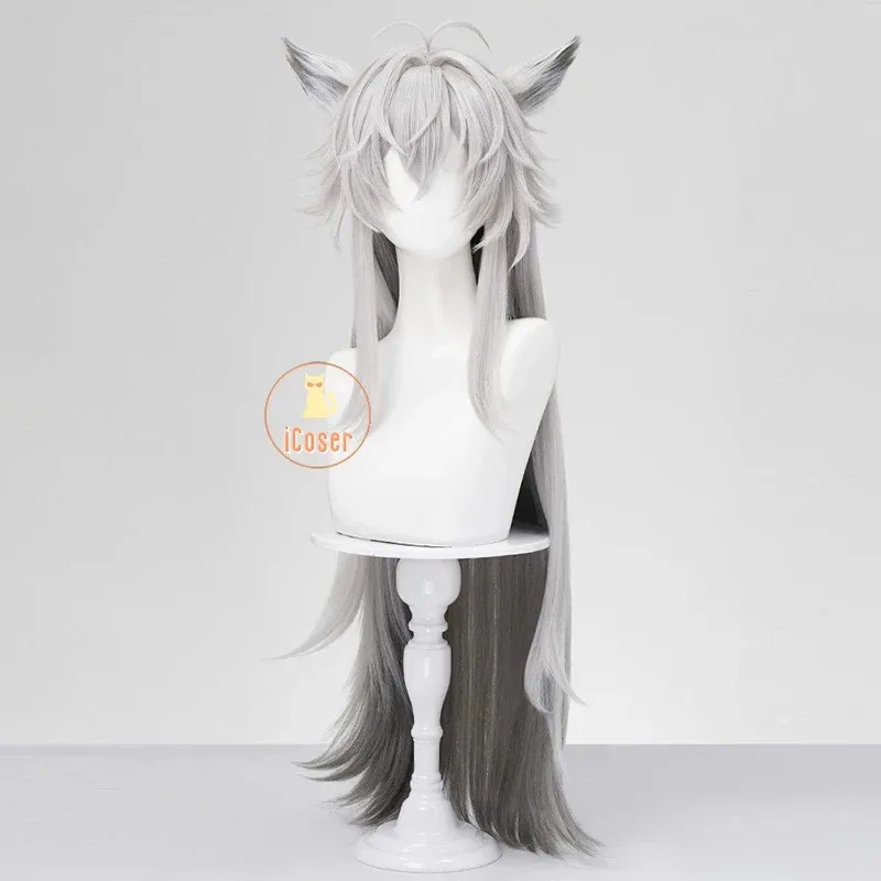 

25COSGame Arknights Lappland The Decadenza Cosplay Wig Gray White Gradient Long Hair Ear Hairpins Props Halloween Party Women Gi