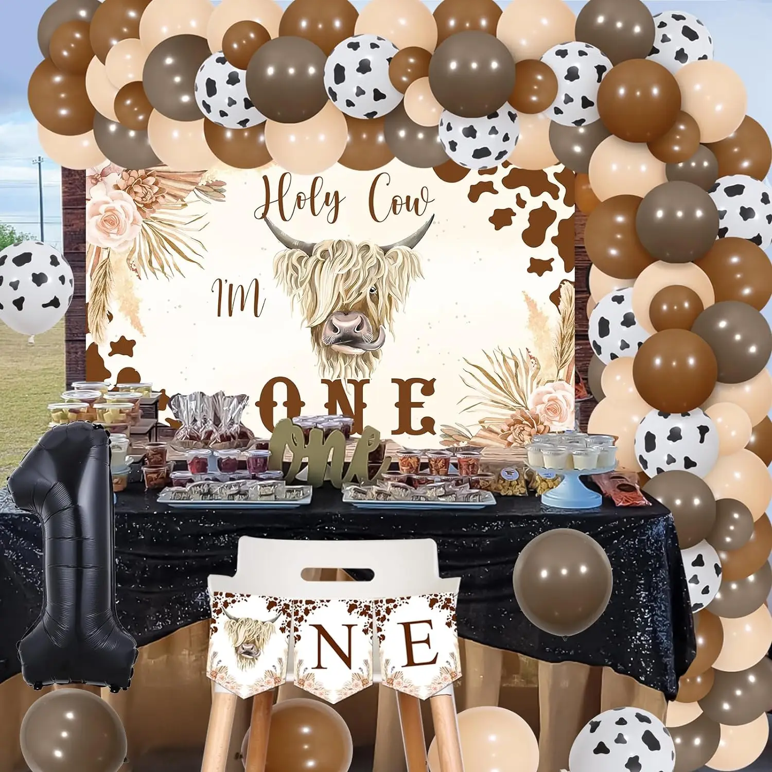 Imagem -04 - Highland Cow Birthday Decor Holy Cow Imone Balões Garland Arch Kit Highchair Banner Cattle Farm Aniversário