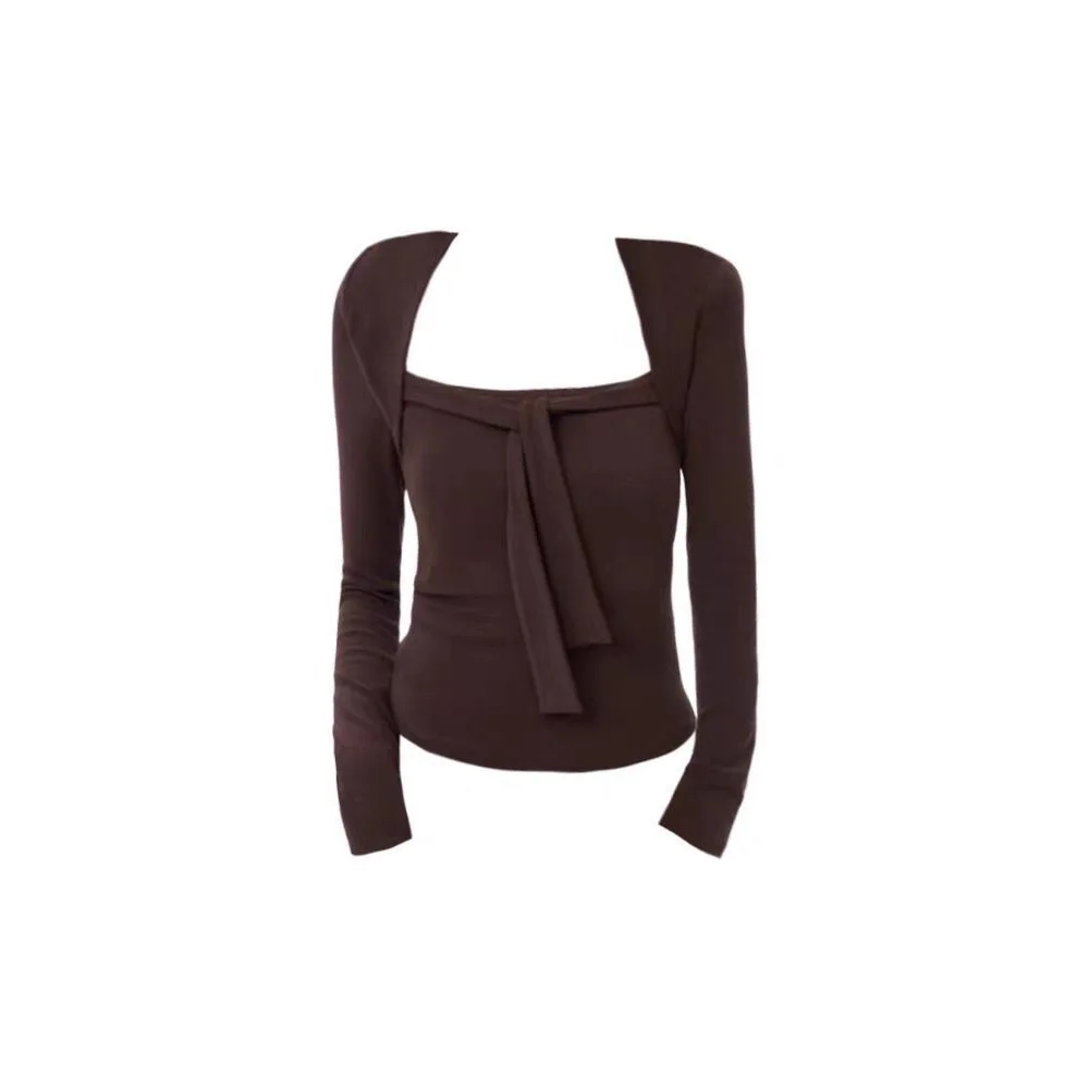 Nueva camiseta de manga larga con cuello cuadrado de dos piezas falsa de color café para mujer en otoño 2025, camiseta básica ajustada