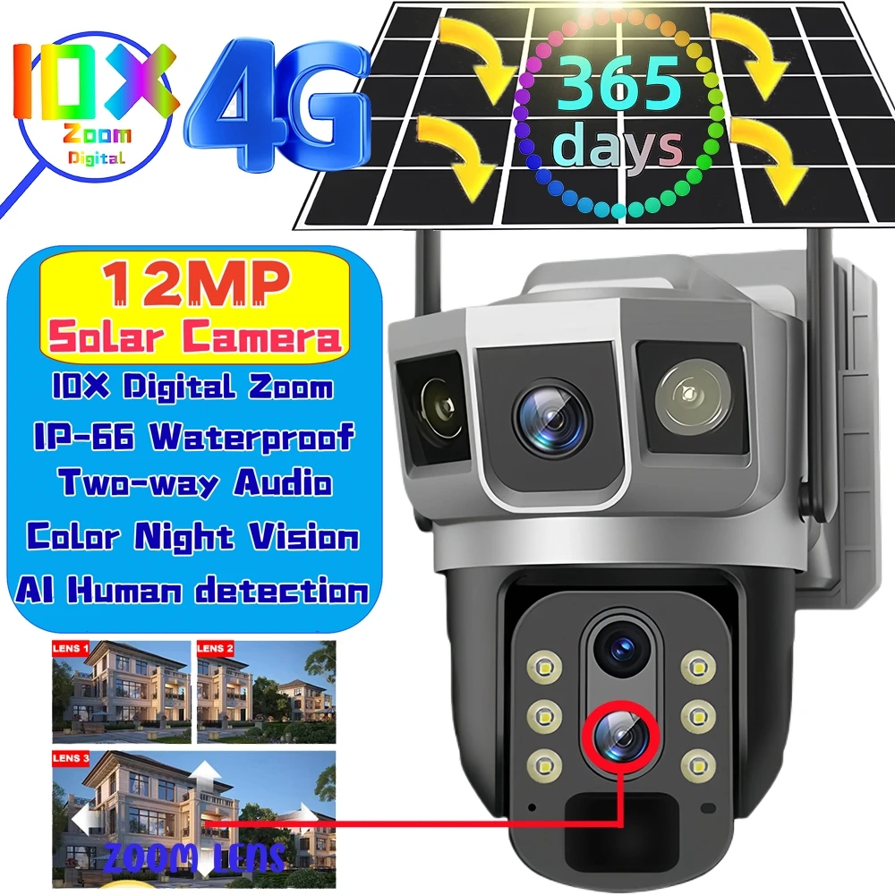 12MP 6K Solar 4G Camera CCTV Surveillance Outdoor Waterproof Monitor 10X Digital Zoom PIR Motion Detect Night Vision V380 Pro