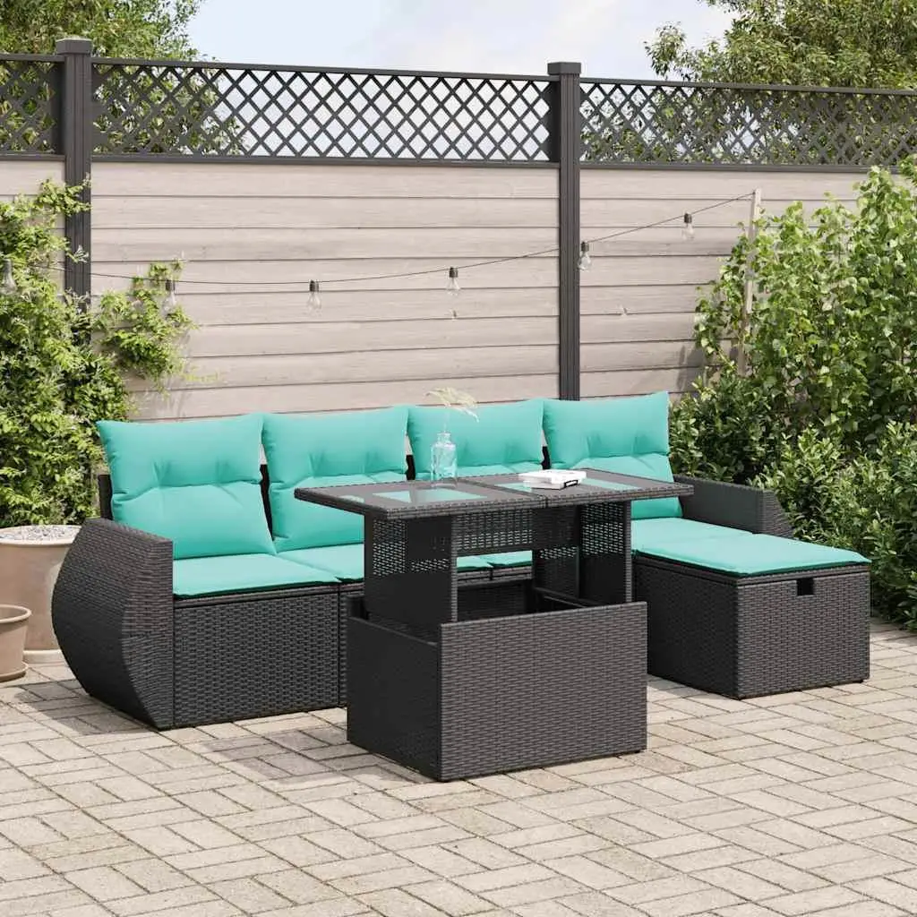 

Gray Poly Rattan 6 Piece Outdoor Patio Sofa Set with Cushions Acacia Frame Garden Furniture