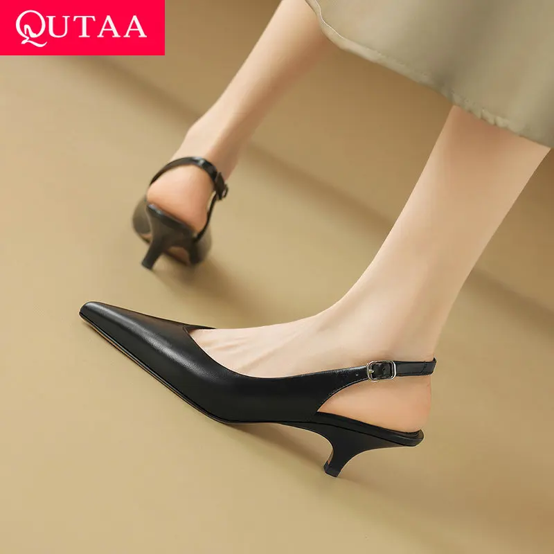 

QUTAA 2025 модные женские туфли-лодочки с открытой пяткой, летние туфли на высоком каблуке, пикантные сандалии из натуральной кожи с острым носком, модельные размеры 34-39