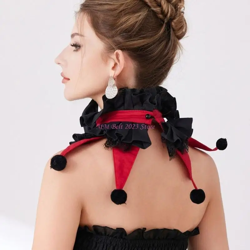 49ME Pleated Ruffs Collar Black Red Costume Neckpiece with Lace Trim Ball Decor for Carnivals Stage Outfit Wear