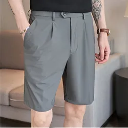Summer Men's Shorts Straight Fit Knee-Length Short Suit Pant Solid Black Gray Clothing Student Thin Silky Casual Shorts Man