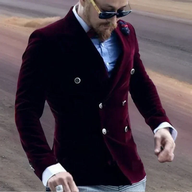

Burgundy Velvet Smoking Jacket For Men Slim Fit Double Breasted Casual Suit Blazer 1 Pcs Groom's Fashion 2025