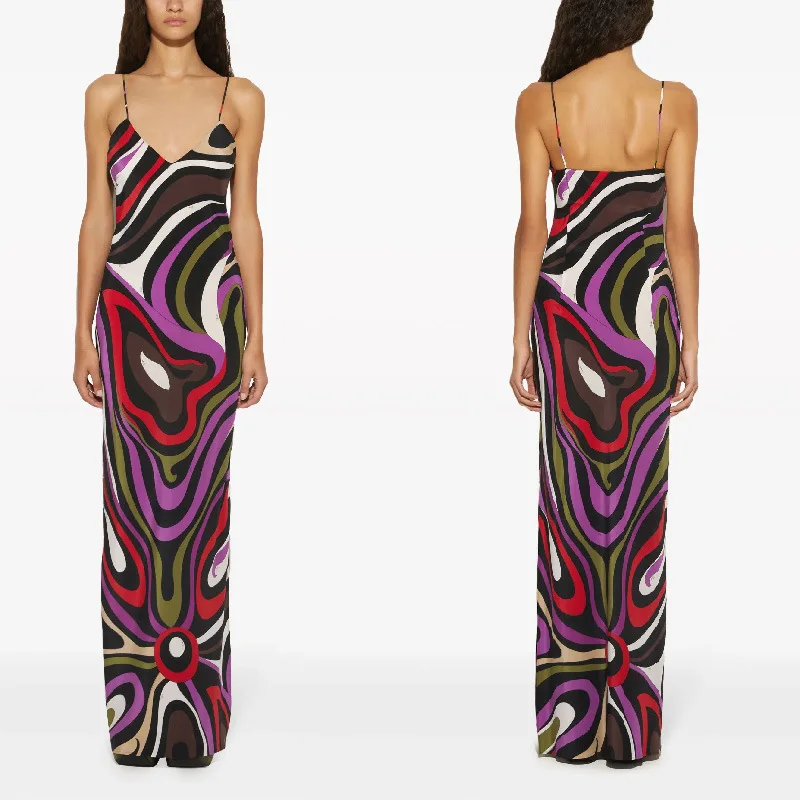

Women's Spaghetti Strap Dress Irregular Color Print Sexy V-neck Backless Slim Slit Long Dresses Summer Party Commuting Vestidos