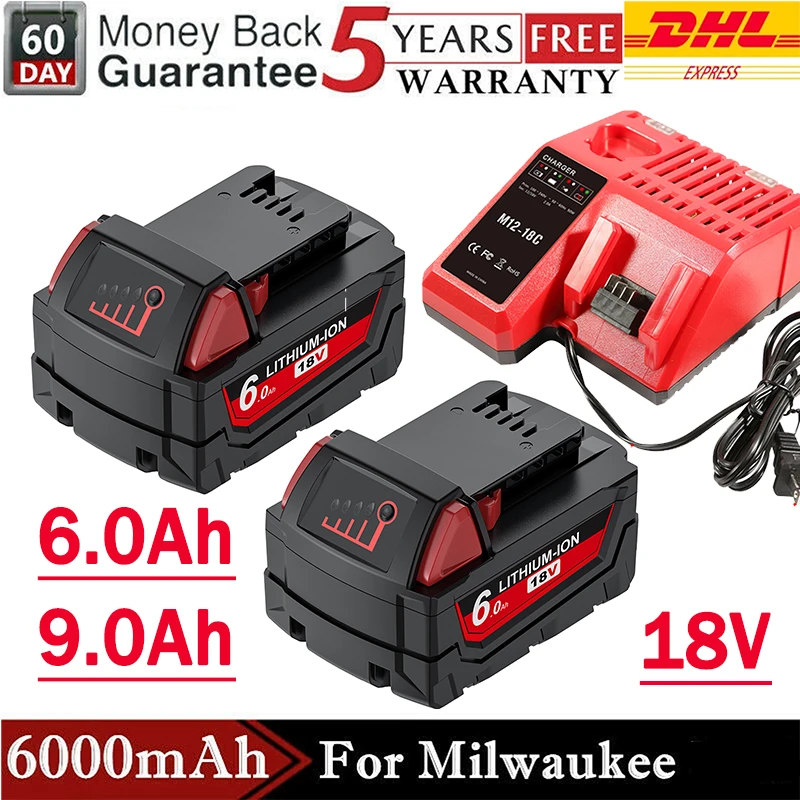 Rechargeable Batteries For Milwaukee M18B5 XC Lithium ION Battery 18v 9.0/6.0Ah battery charger For Milwaukee M18 12V~18V Charge