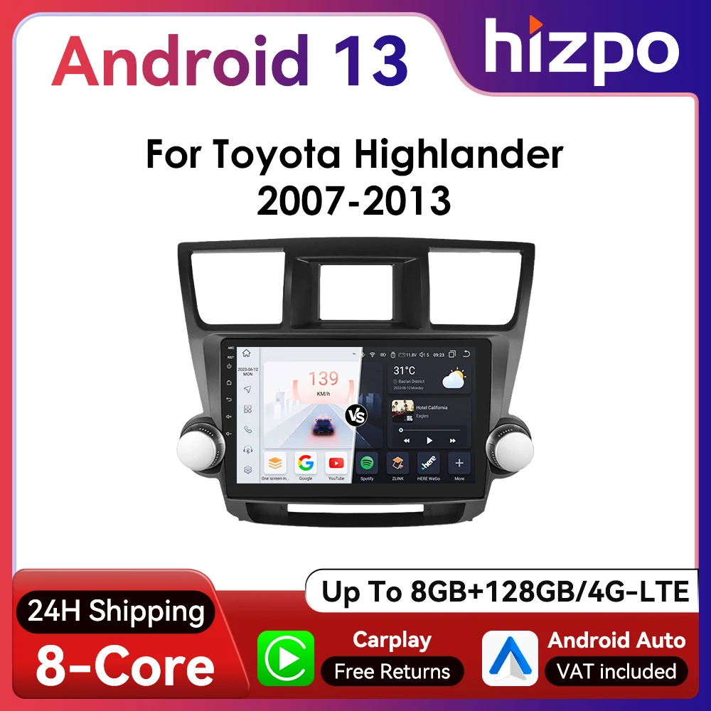 Hizpo 10.1inch 2Din Adnroid Auto Car Radio for Toyota Highlander 2007 - 2013 Multimedia Navigation GPS 4G BT CarPlay RDS DSP SWC