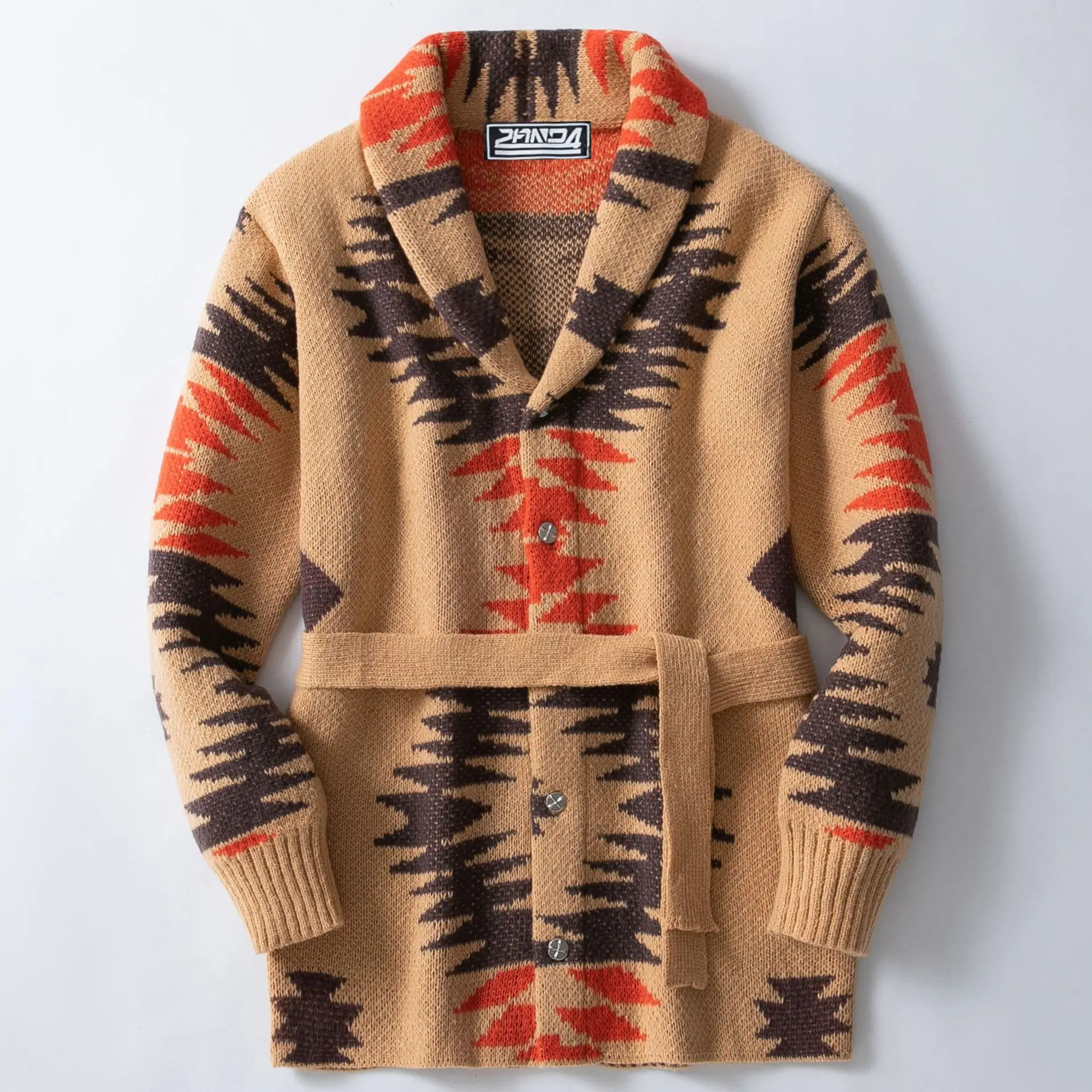 Men's Retro Ethnic Style Geometric Jacquard Knitted Cardigan Medium And Long Thickened Sweater Jacket Men's