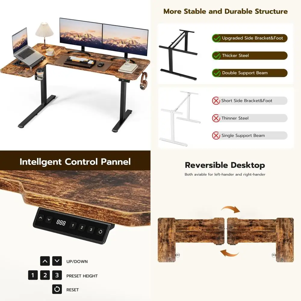 59 Mesa elétrica em forma de L, mesa de canto de altura ajustável, mesa de computador de suporte para sentar com divisão reversível