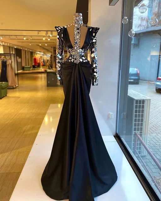 Sexy schwarze Abendkleider Meerjungfrau Luxus Perlen Kristall lange Ärmel Dubai formelle Abendparty Nachtkleid individuell