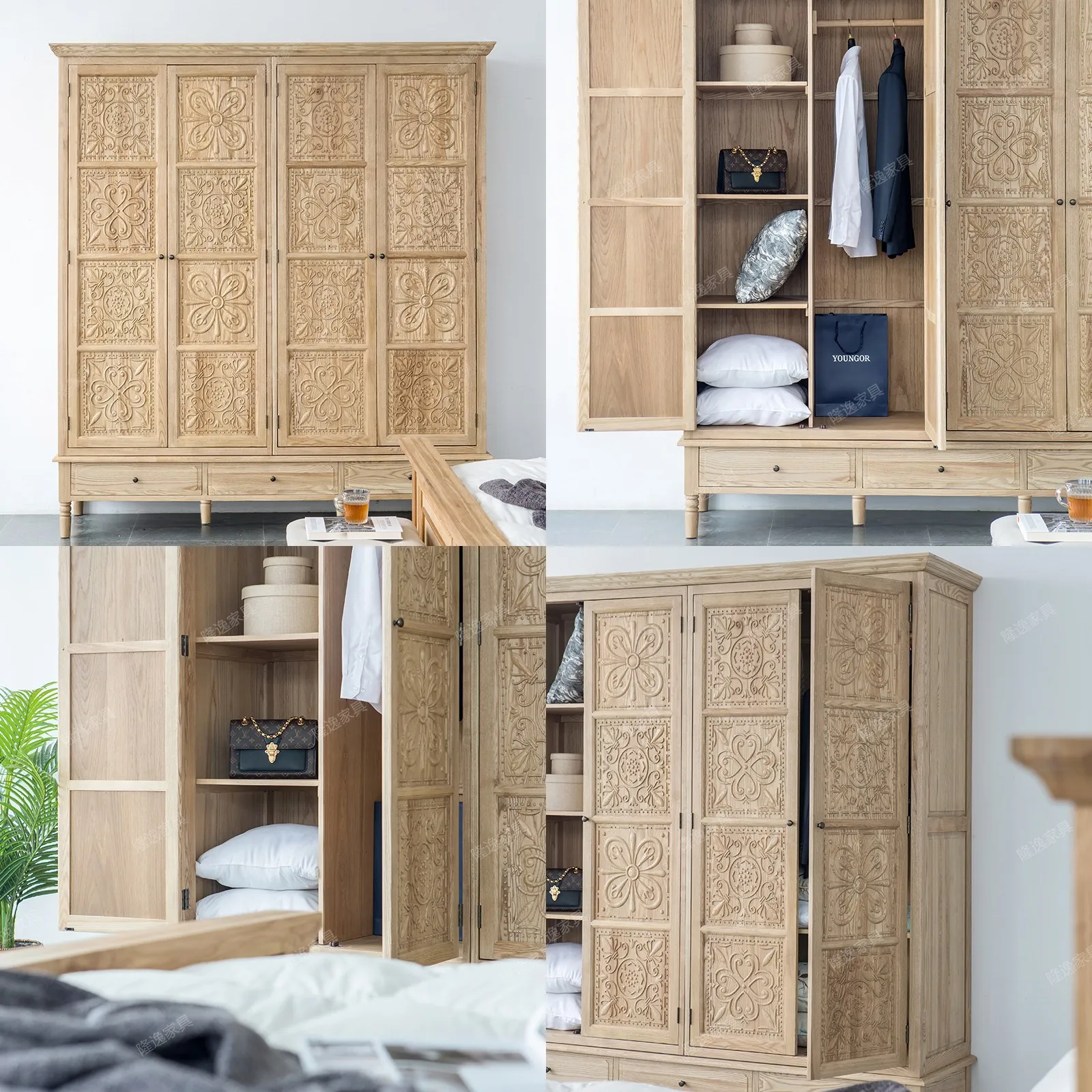 French Solid Wood Wardrobe 4 Doors Armoire Carved Antique Storage Cabinet Vintage Bedroom Closet for Small Space