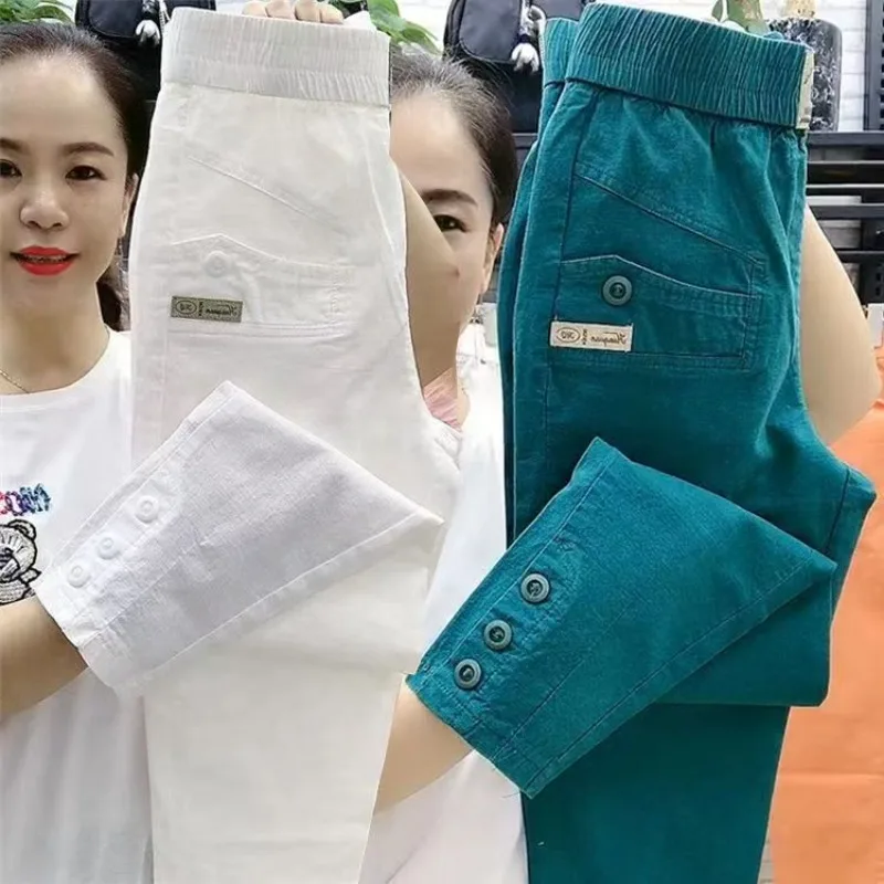 Women Spring Summer Pop Fashion High-end Ladies Washed Cotton Casual Pants Straight Pants High-Waisted Long Pants Skinny