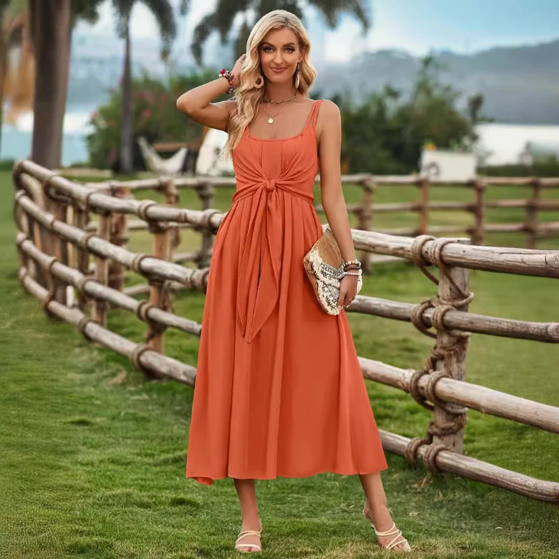 New Women's Summer Fresh Ranch Style Solid Color Strap Tie Waist Dress